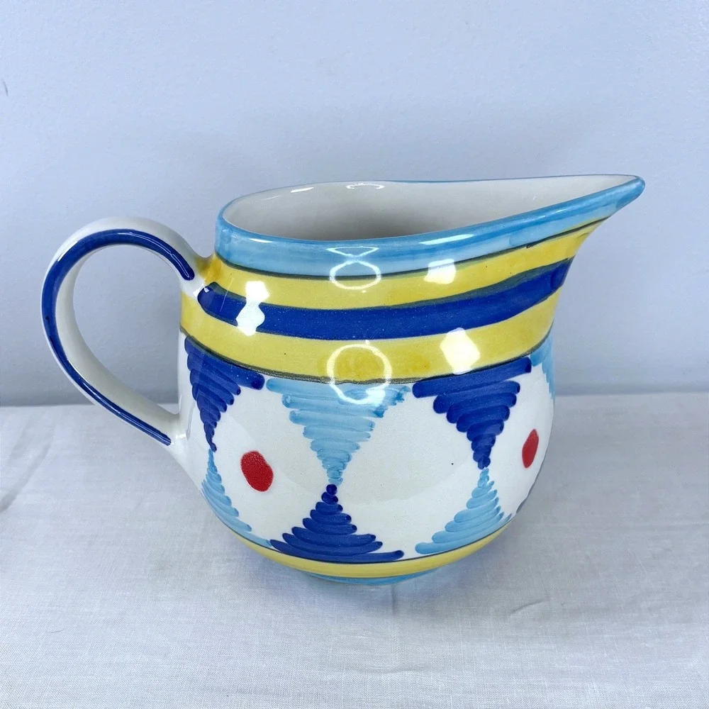 Pier 1 Imports Handpainted Italian Ceramic Pitcher Blue Yellow Geometric Italy